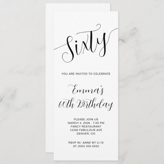 Invitation Élégant script manuscrit 60e anniversaire (Devant / Derrière)