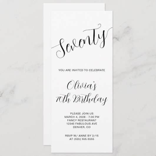 Invitation Élégant script manuscrit 70e anniversaire (Devant / Derrière)