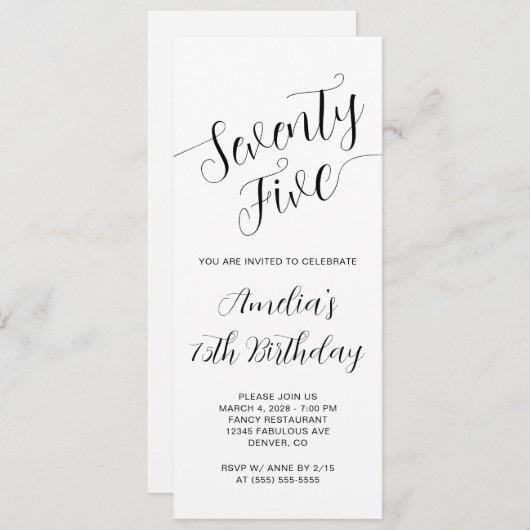 Invitation Élégant script manuscrit 75e anniversaire (Devant / Derrière)