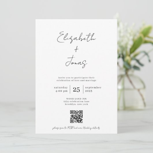 Invitation Élégant script manuscrit photo QR Code Mariage (Debout devant)