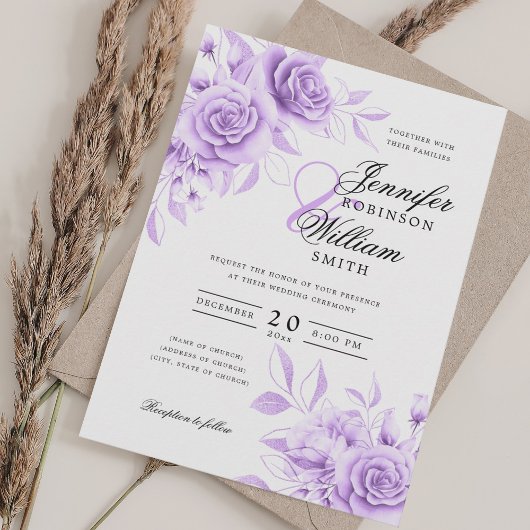 Invitation Élégant Script Mariage Aquarelle violet Floral
