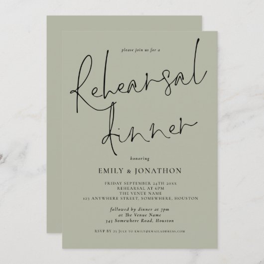 Invitation Élégant Script Mariage de répétition Dîner Lumière (Devant / Derrière)