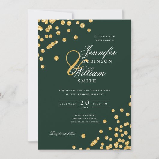 Invitation Élégant Script Mariage Gold Confetti Emerald Green (Devant)