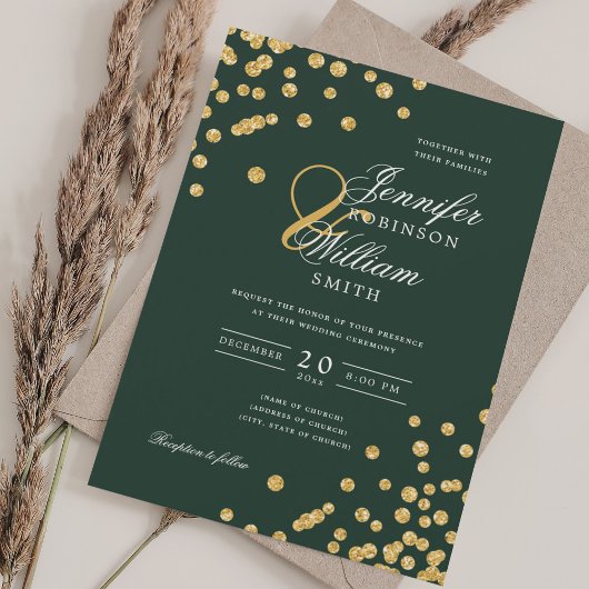 Invitation Élégant Script Mariage Gold Confetti Emerald Green