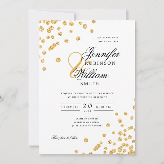 Invitation Élégant Script Mariage Gold Confetti QR RSVP (Devant)