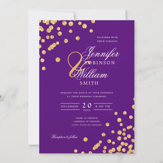 Invitation Élégant Script Mariage Gold Confetti violet (Devant)