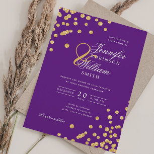 Invitation Élégant Script Mariage Gold Confetti violet