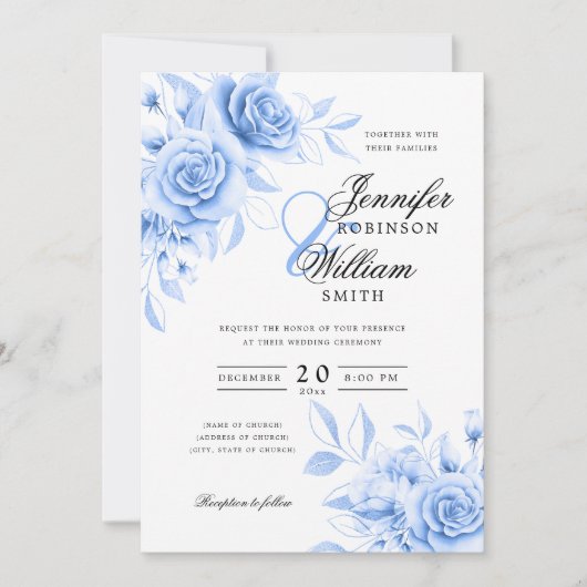 Invitation Élégant Script Mariage Navy Blue Floral avec QR RS (Devant)