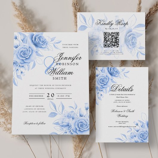 Invitation Élégant Script Mariage Navy Blue Floral avec QR RS