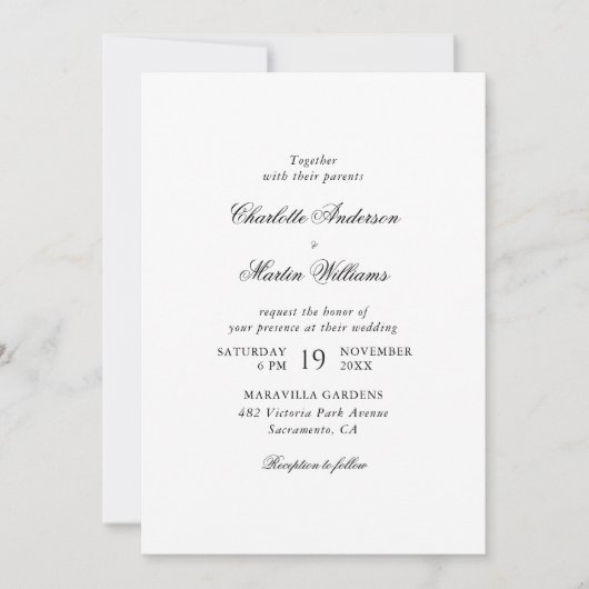 Invitation Élégant script Mariage noir et blanc (Devant)