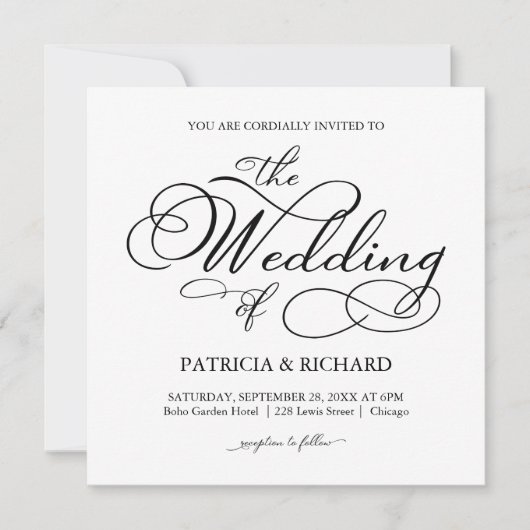 Invitation Élégant Script Mariage noir et blanc (Devant)