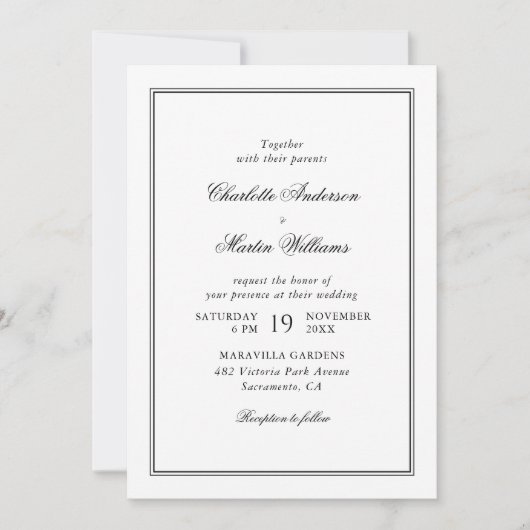 Invitation Élégant script Mariage noir et blanc (Devant)
