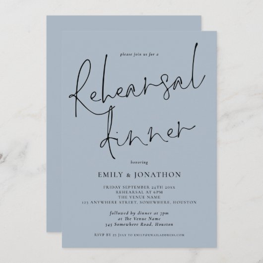 Invitation Élégant Script Mariage Répétition Dîner Dusty Blue (Devant / Derrière)