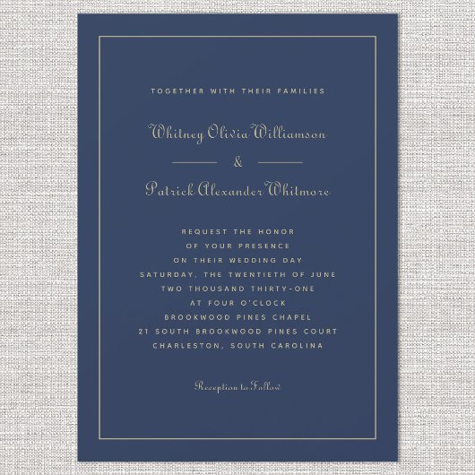 Invitation Élégant Script Marine Bleu Or Formal Chic Mariages