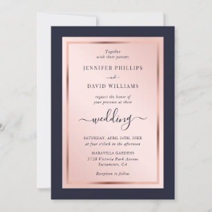 Invitation Élégant Script Marine Blue Blush Rose Mariage or