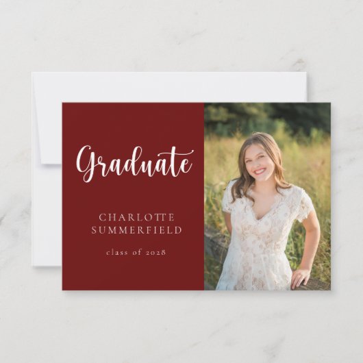Invitation Élégant Script Maroon White Photo Graduation (Devant)
