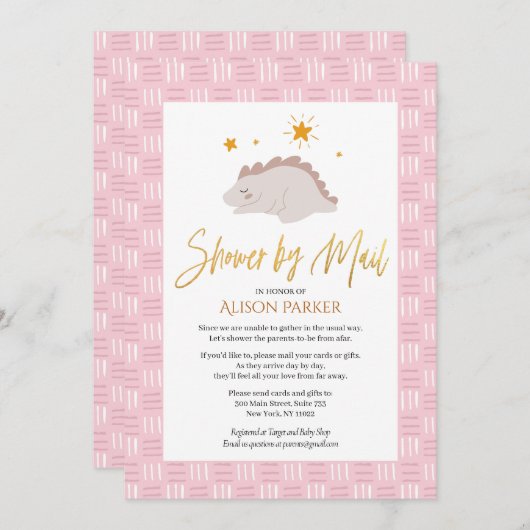 Invitation Élégant Script mignon rose Dinosaure Douche par co (Devant / Derrière)