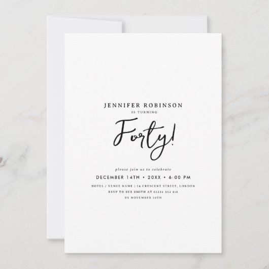Invitation Élégant script moderne 40e anniversaire Noir & Bla (Devant)