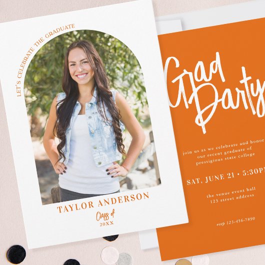 Invitation Elégant Script Moderne Arch Photo Orange Grad Part