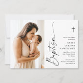 Invitation Élégant Script moderne Baptême photo blanche (Devant)