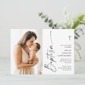 Invitation Élégant Script moderne Baptême photo blanche (Debout devant)