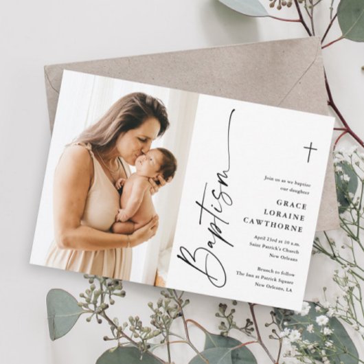Invitation Élégant Script moderne Baptême photo blanche
