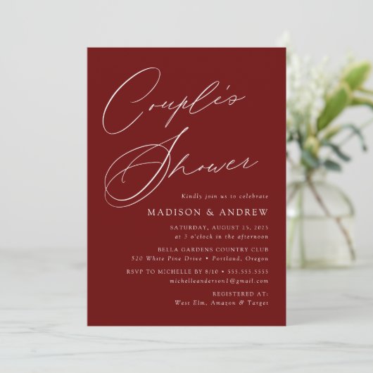 Invitation Élégant Script moderne Burgundy Couple's Shower (Debout devant)