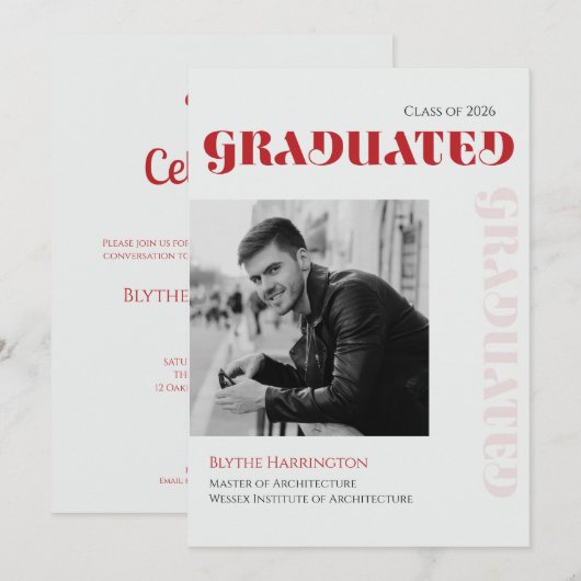 Invitation Élégant script moderne de type rouge noir et gris (Devant / Derrière)