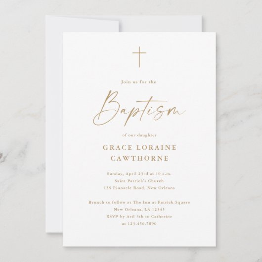 Invitation Élégant Script moderne Gold Cross Baptême (Devant)