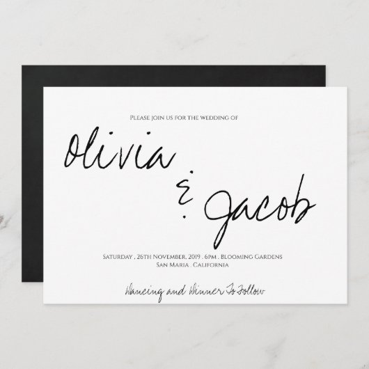 Invitation Élégant script moderne Mariage noir & blanc (Devant / Derrière)