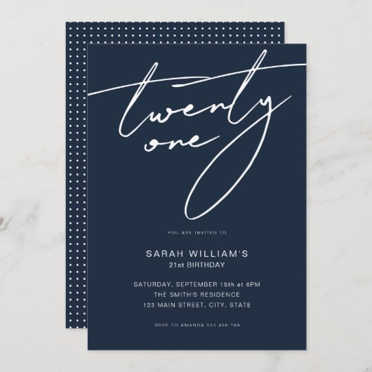 Invitation Élégant Script moderne Noir 21e fête d'anniversair (Devant / Derrière)