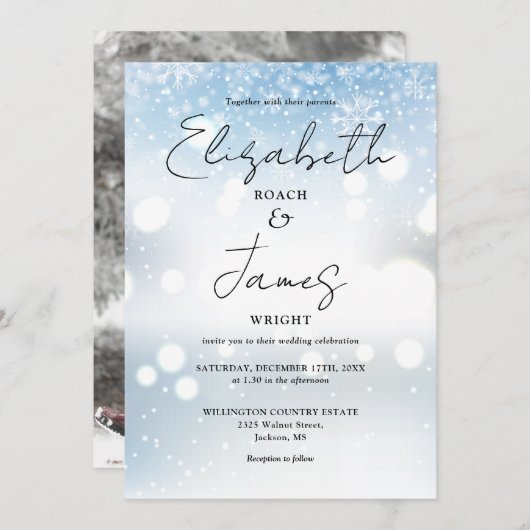 Invitation Élégant script moderne photo Neige hiver mariage (Devant / Derrière)