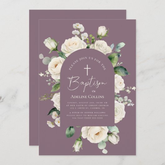 Invitation Élégant Script moderne Vieux Lavande Baptême (Devant / Derrière)