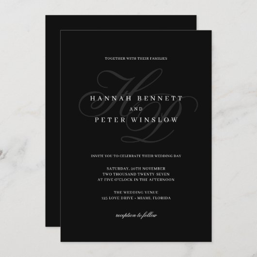 Invitation Élégant Script Monogramme Initiales Mariage noir (Devant / Derrière)