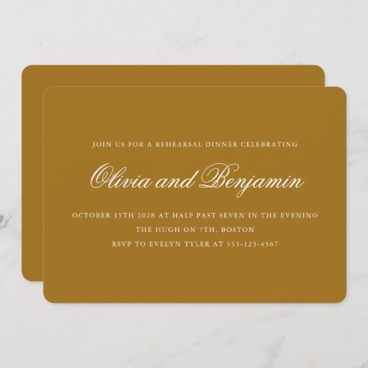 Invitation Élégant Script Mustard Gold Chic Dîner de répétiti (Devant / Derrière)