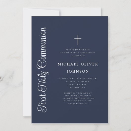 Invitation Elegant Script Navy Blue Boy First Communion (Devant)