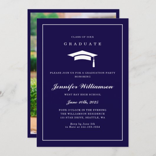 Invitation Élégant Script Navy Blue Graduation Party Photo (Devant / Derrière)
