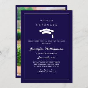 Invitation Élégant Script Navy Blue Graduation Party Photo