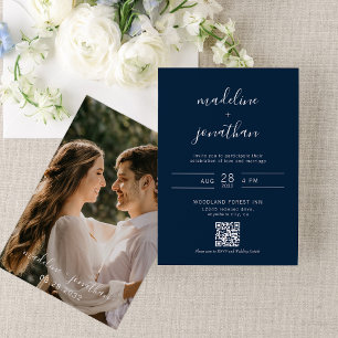 Invitation Élégant Script Navy Blue Photo QR Code Mariage