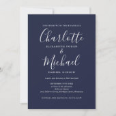 Invitation Élégant Script Navy Blue QR Code Mariage (Devant)
