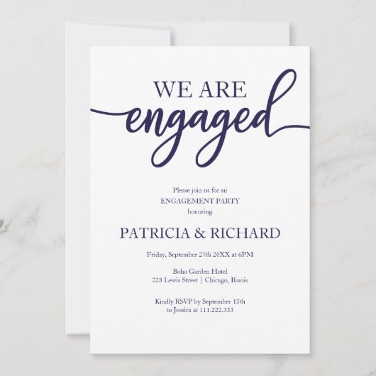 Invitation Élégant Script Navy Blue White Engagement Party (Devant)
