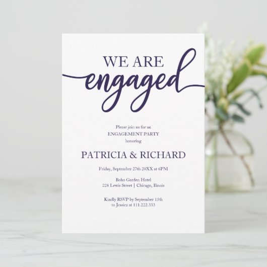 Invitation Élégant Script Navy Blue White Engagement Party (Debout devant)