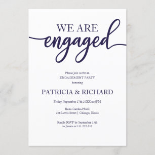 Invitation Élégant Script Navy Blue White Engagement Party