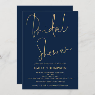 Invitation Élégant Script Navy Fête des mariées bleue or