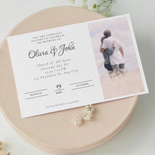 Invitation Élégant script noir blanc Mariage photo