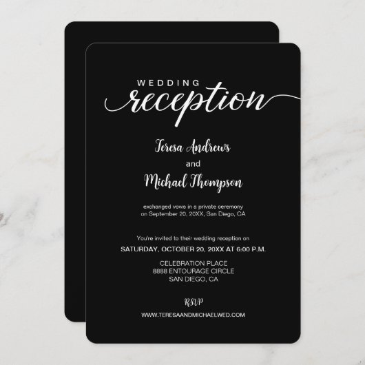 Invitation Élégant script Noir Blanc Mariage Réception seulem (Devant / Derrière)