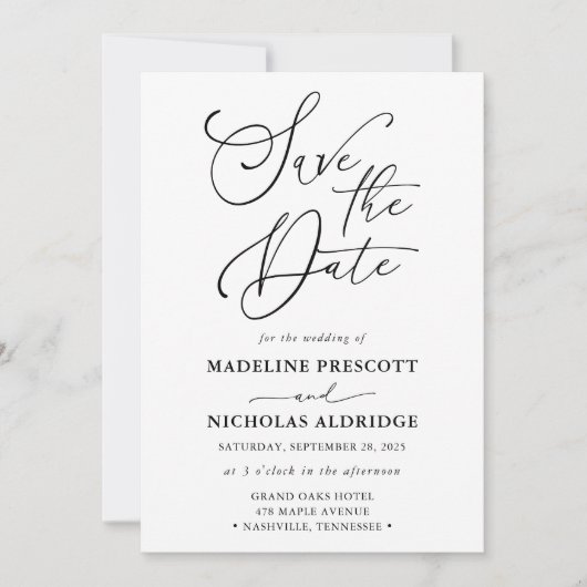 Invitation Élégant Script noir et blanc Enregistrer la date (Devant)