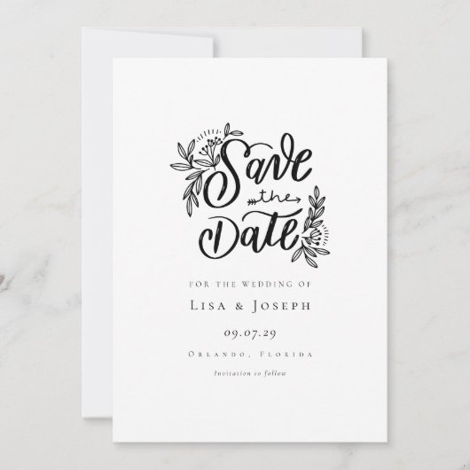 Invitation Élégant Script Noir et Blanc Enregistrer la Date (Devant)