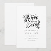 Invitation Élégant Script Noir et Blanc Enregistrer la Date (Devant / Derrière)