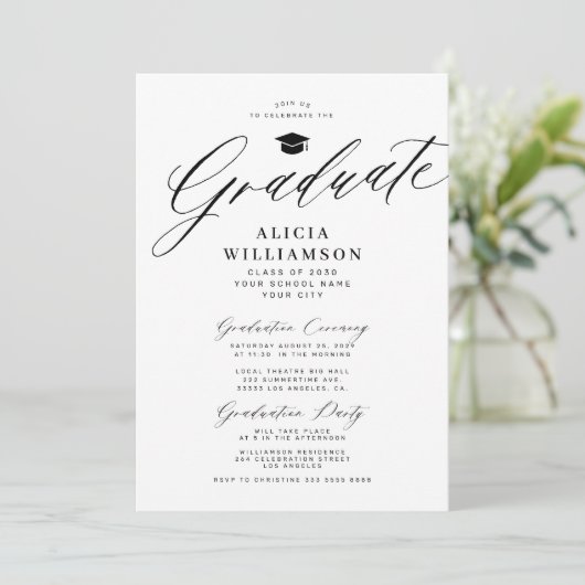Invitation Élégant script noir et blanc fête de graduation (Debout devant)